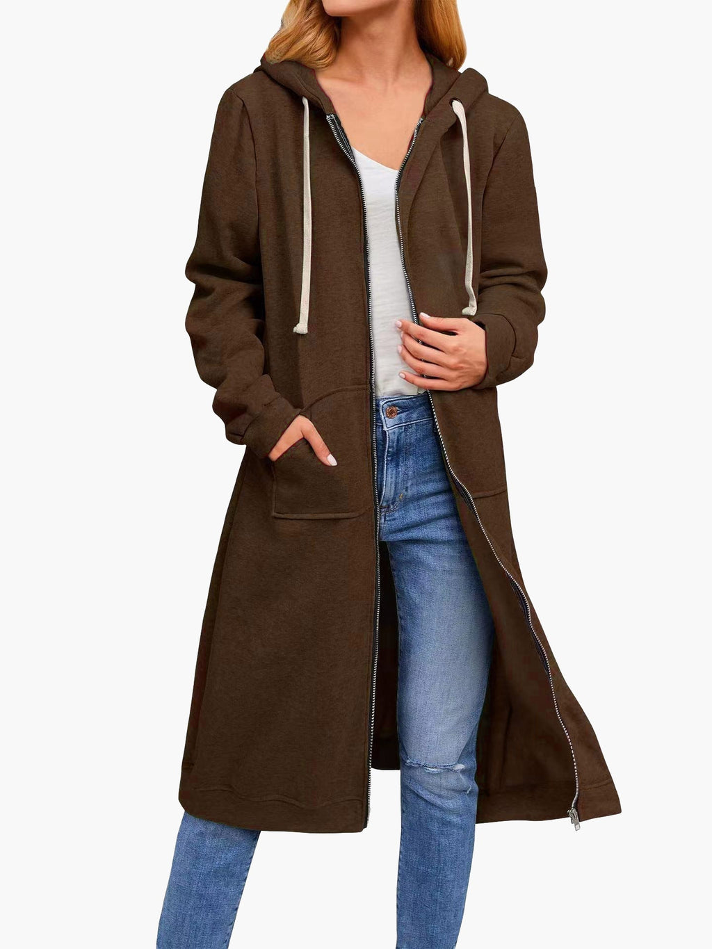 GR | Women's Casual Cardigan with Zipper, Pockets, and Hood, Long