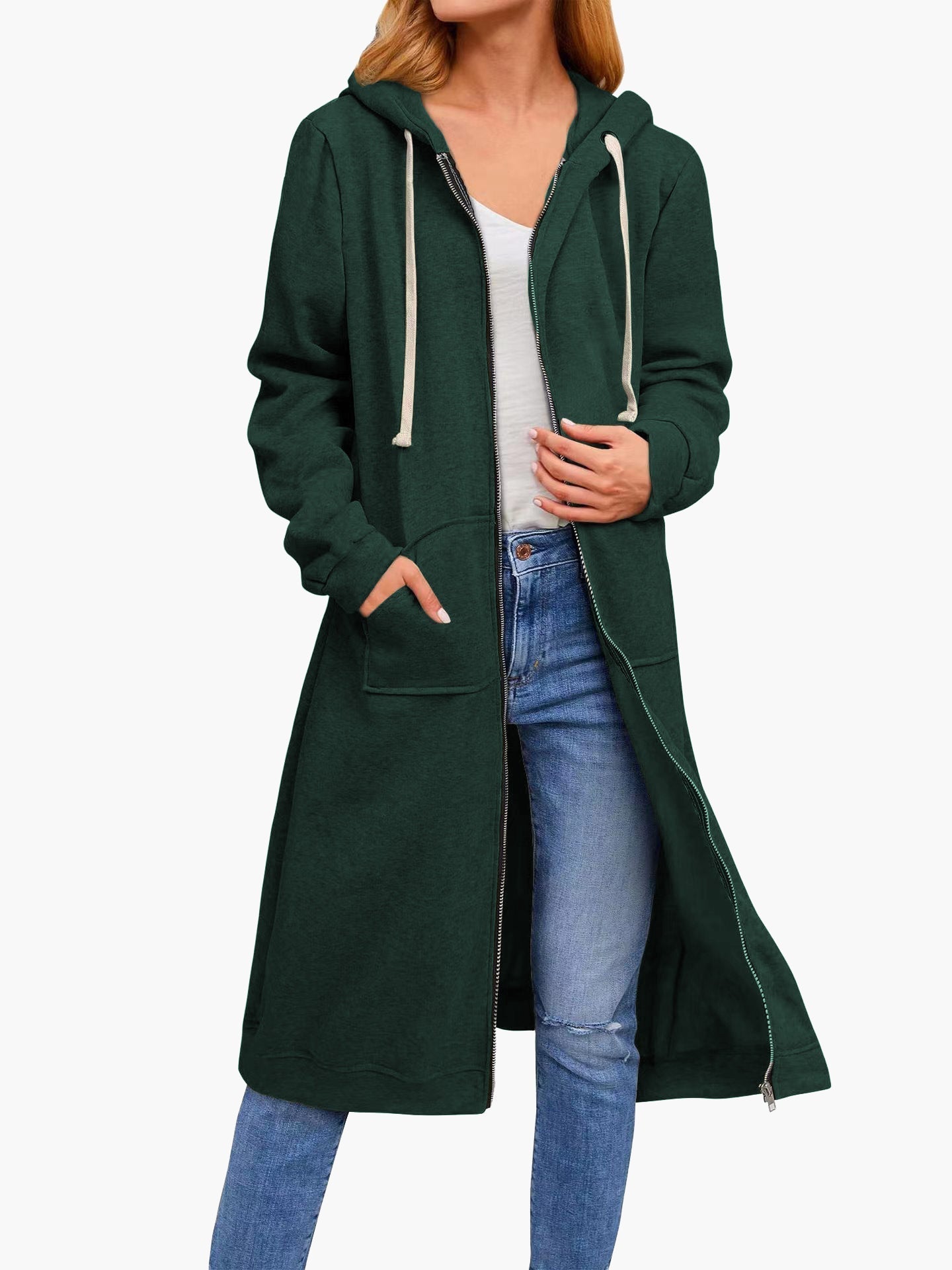 GR | Women's Casual Cardigan with Zipper, Pockets, and Hood, Long