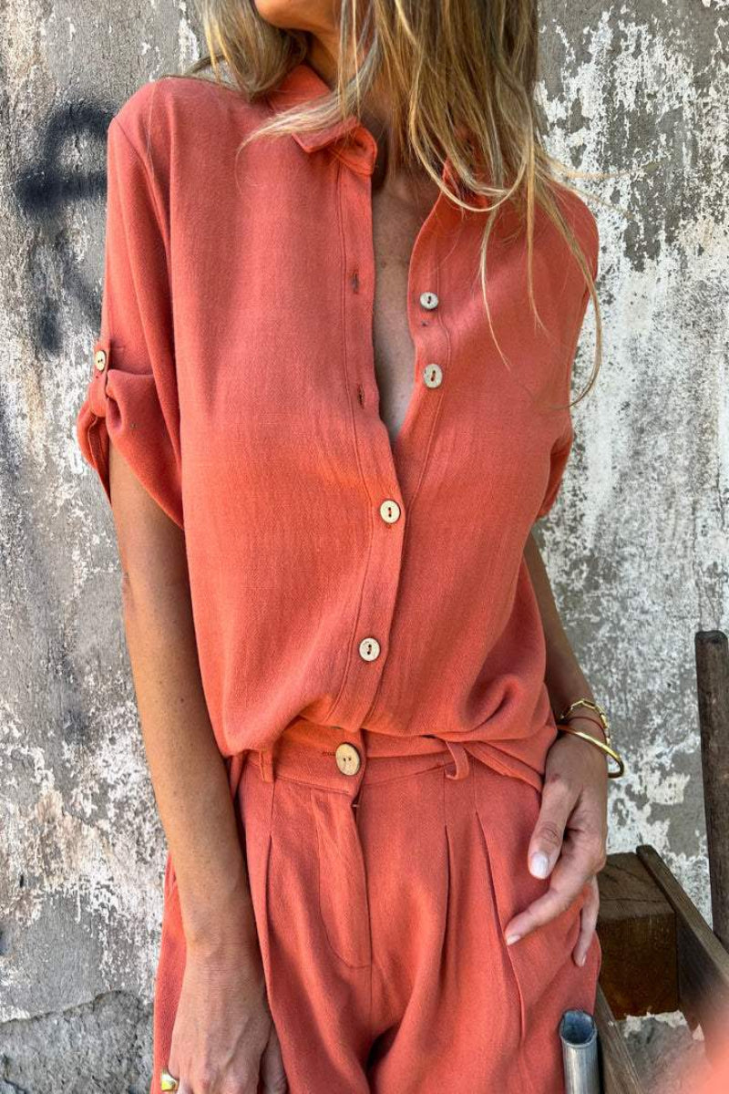 GR | Short-sleeved linen shirt & trousers set for women