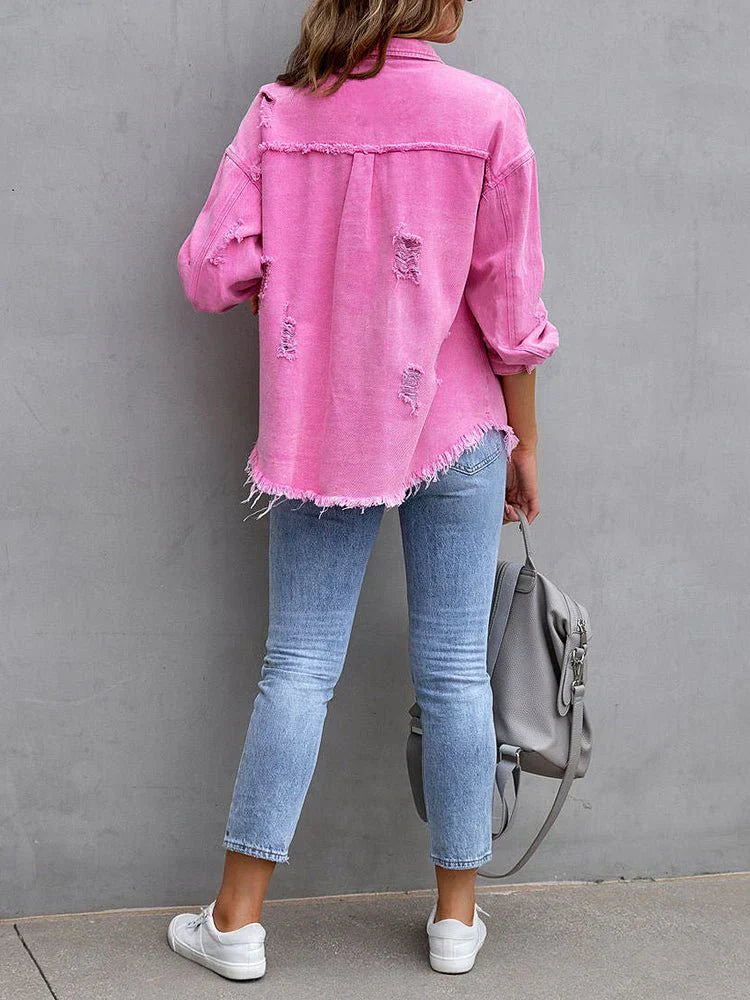 GR | Women's Mid-Length Tattered Loose Denim Jacket
