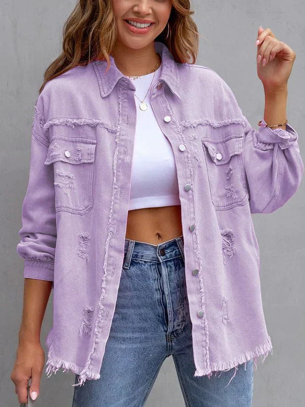 GR | Women's Mid-Length Tattered Loose Denim Jacket
