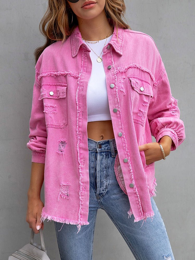 GR | Women's Mid-Length Tattered Loose Denim Jacket