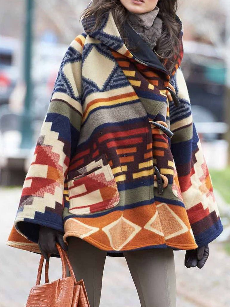 GR | Women's Coats Multicolored Printed Long-Sleeved Wool Hooded Coats