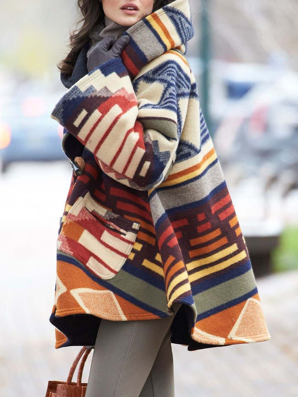 GR | Women's Coats Multicolored Printed Long-Sleeved Wool Hooded Coats