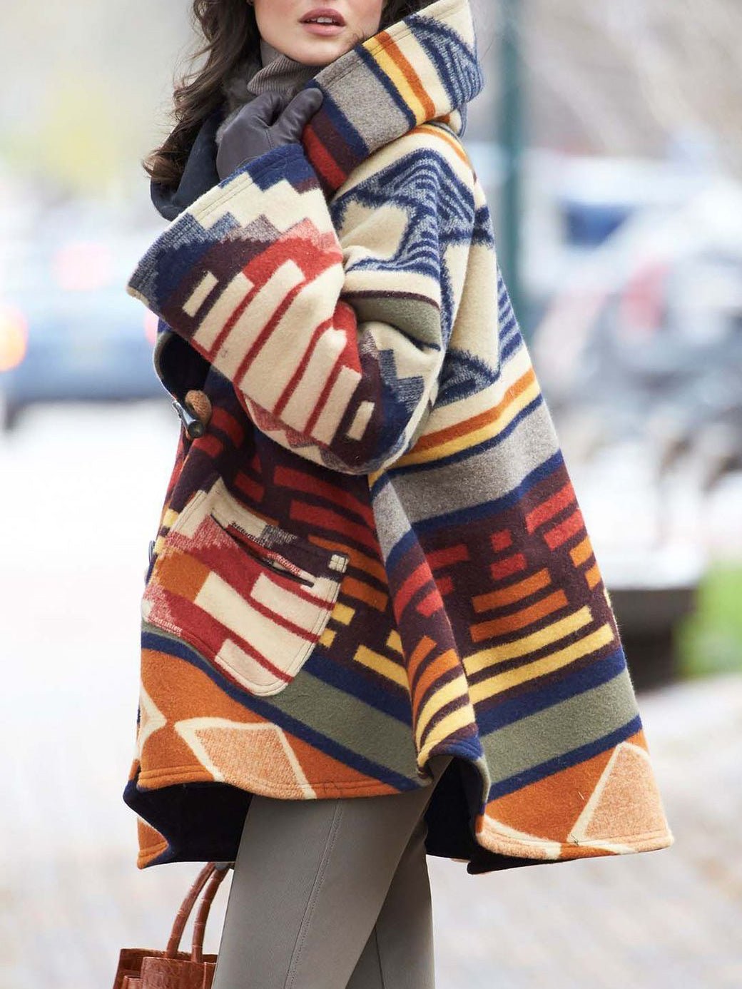 GR | Women's Coats Multicolored Printed Long-Sleeved Wool Hooded Coats