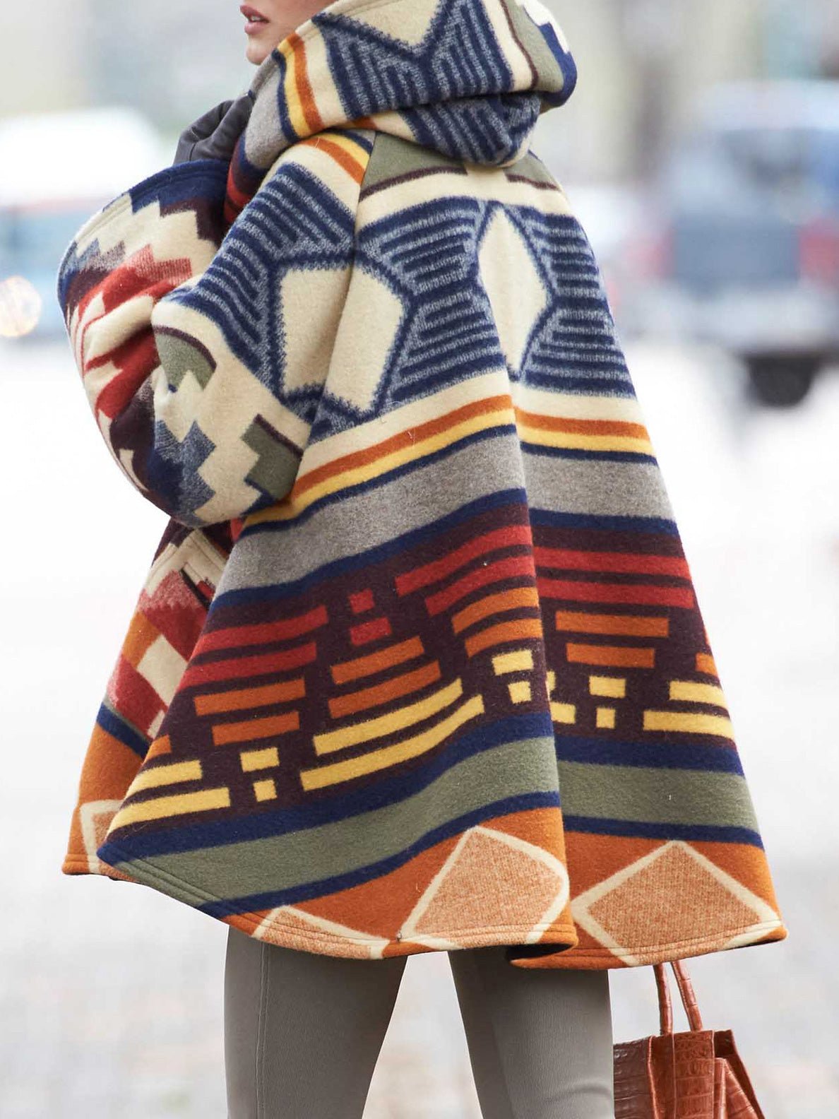 GR | Women's Coats Multicolored Printed Long-Sleeved Wool Hooded Coats