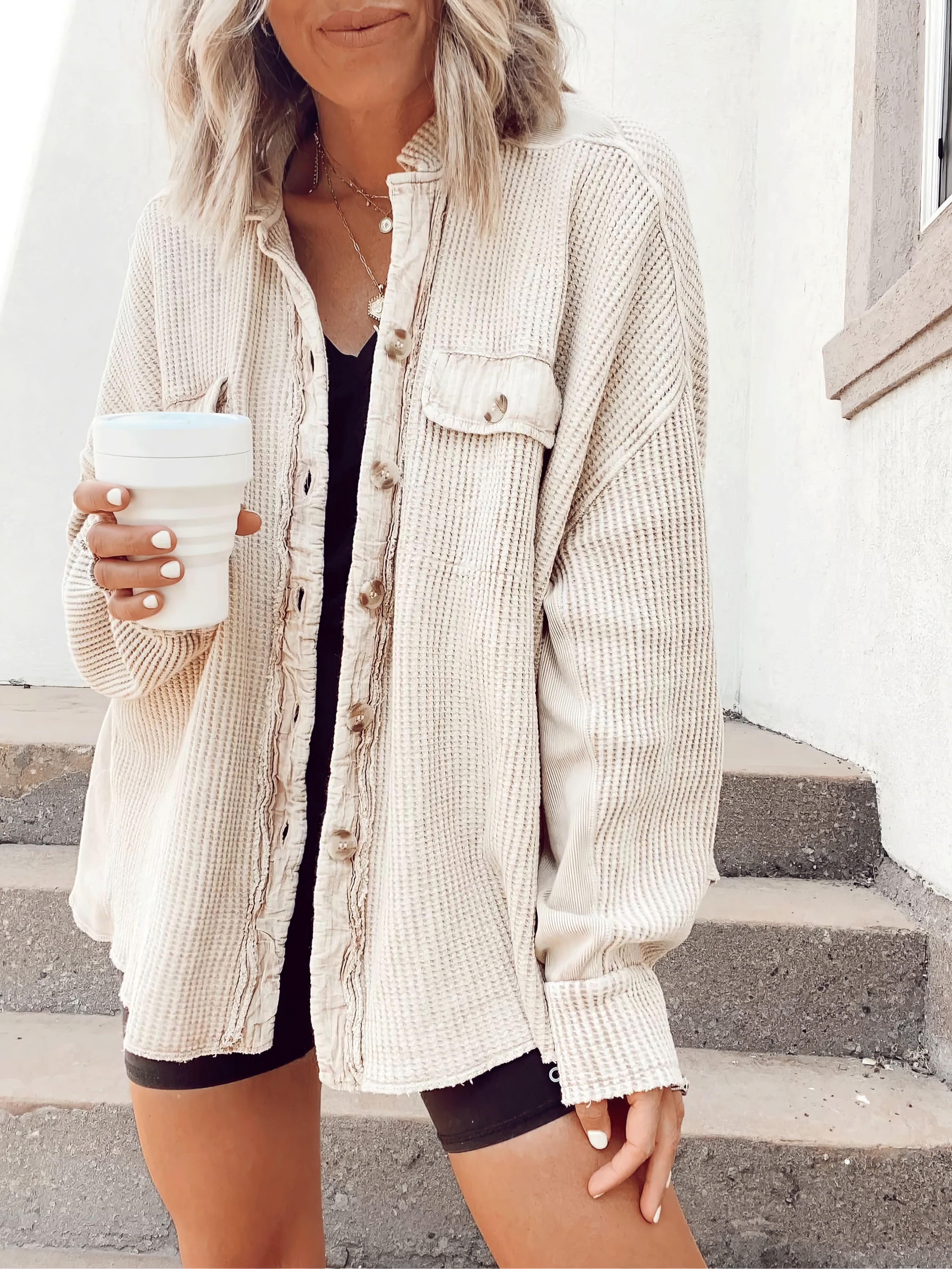 waffle-button long-sleeved shirt jacket