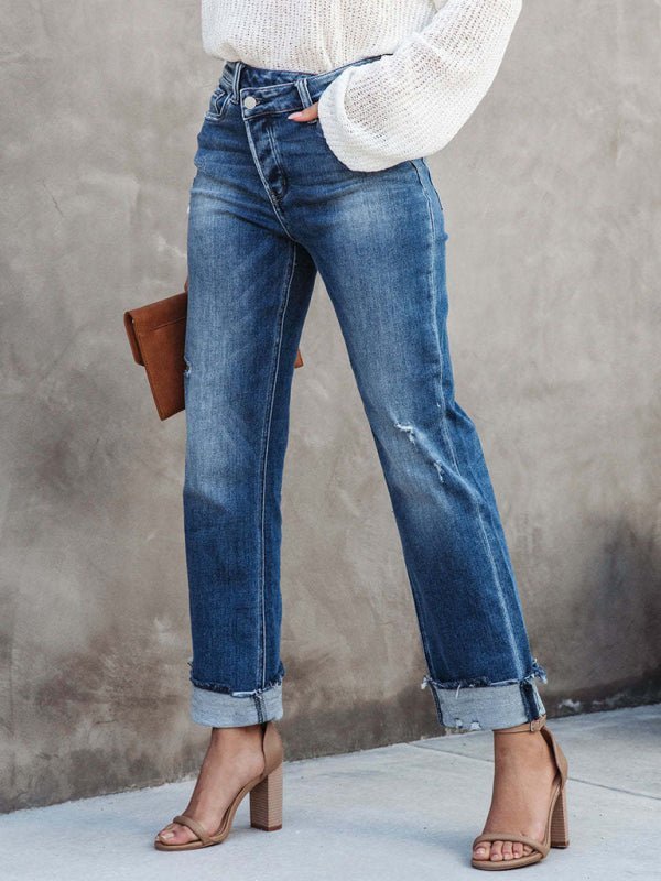 GR | Damen Denim gewaschen High Waist modische lässige Design Taillen-Zugband-Hosen