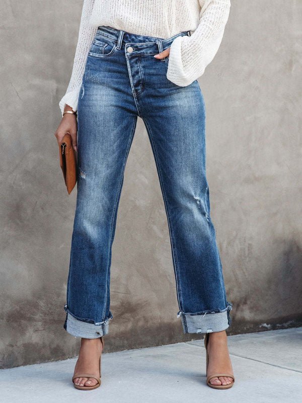 GR | Damen Denim gewaschen High Waist modische lässige Design Taillen-Zugband-Hosen