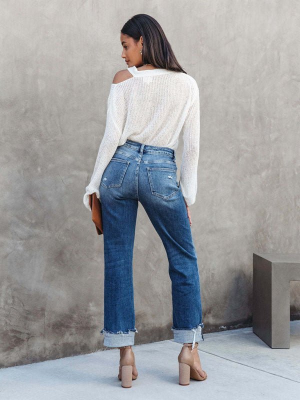 GR | Damen Denim gewaschen High Waist modische lässige Design Taillen-Zugband-Hosen