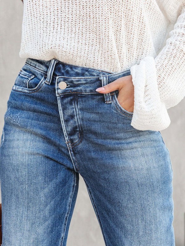 GR | Damen Denim gewaschen High Waist modische lässige Design Taillen-Zugband-Hosen