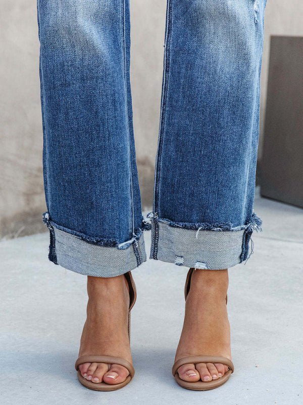 GR | Damen Denim gewaschen High Waist modische lässige Design Taillen-Zugband-Hosen