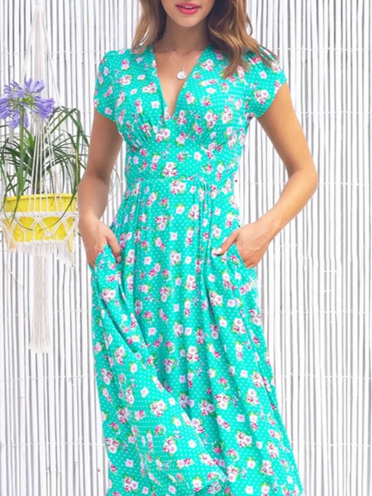 GR | Women's Bohemian Print V-Neck Pocket Dress