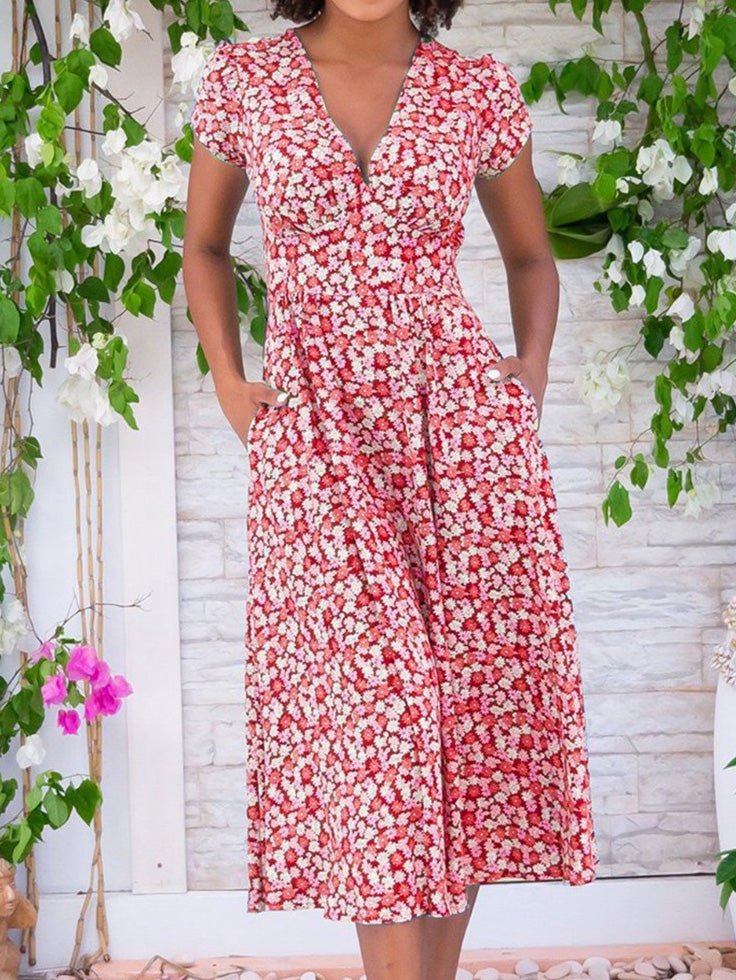 GR | Women's Bohemian Print V-Neck Pocket Dress
