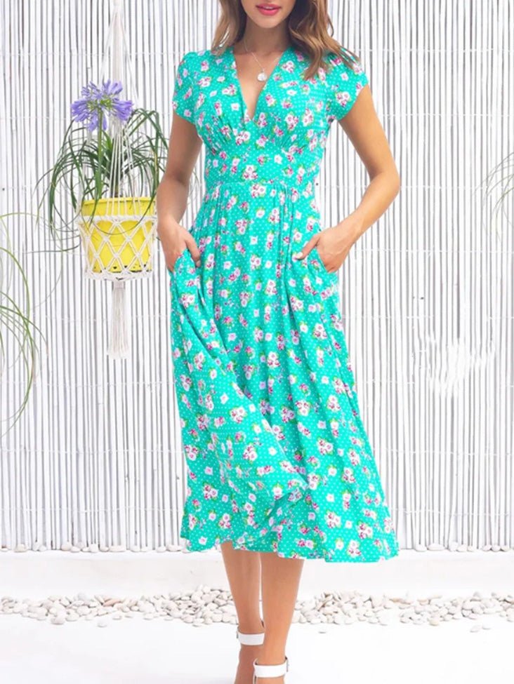 GR | Women's Bohemian Print V-Neck Pocket Dress