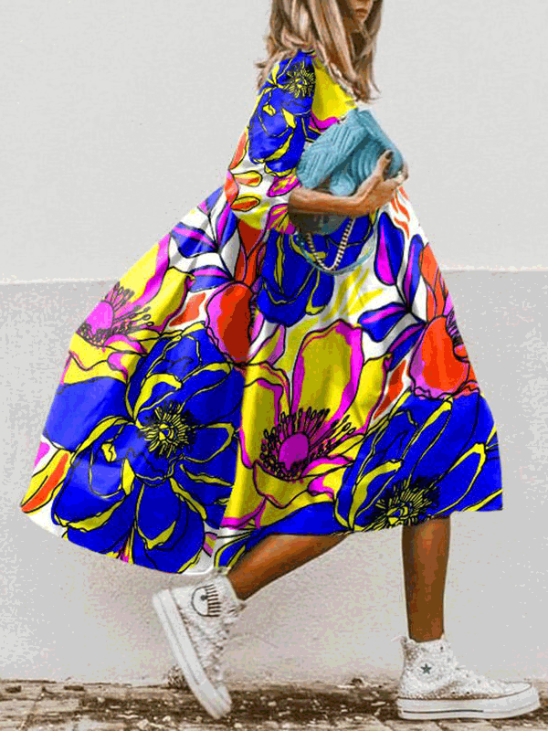 GR | Women's Boho Print Dress, Round Neck, Mid Sleeve