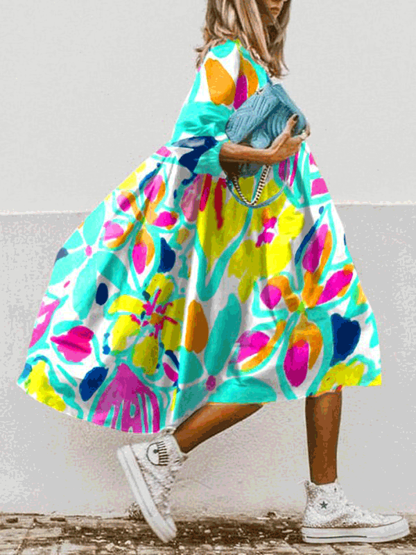 GR | Women's Boho Print Dress, Round Neck, Mid Sleeve