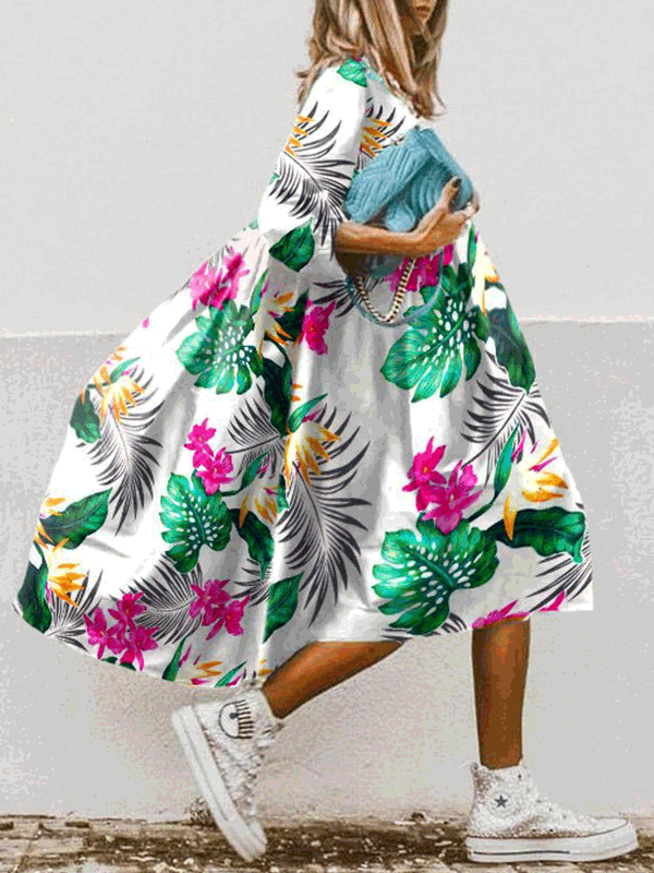GR | Damen Kleider Boho Print Rundhalsausschnitt Mittelarm Kleid