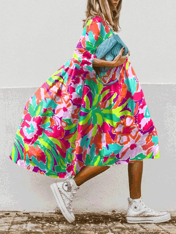GR | Damen Kleider Boho Print Rundhalsausschnitt Mittelarm Kleid