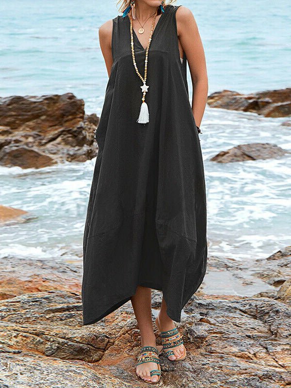 GR | Women's Casual V-Neck Sleeveless Dress with Pockets