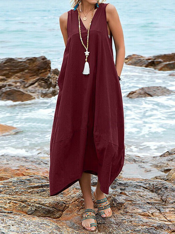 GR | Women's Casual V-Neck Sleeveless Dress with Pockets