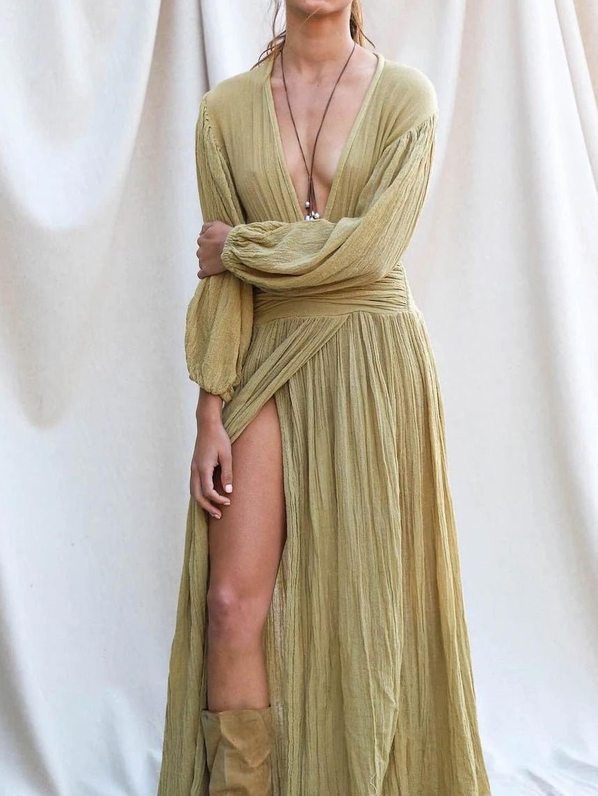 GR | Women's Dresses Cotton Linen V-Neck Balloon Sleeves Slit Dress
