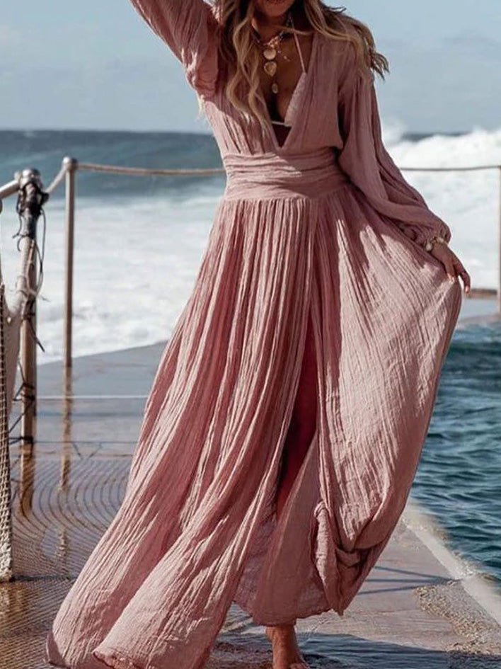 GR | Women's Dresses Cotton Linen V-Neck Balloon Sleeves Slit Dress