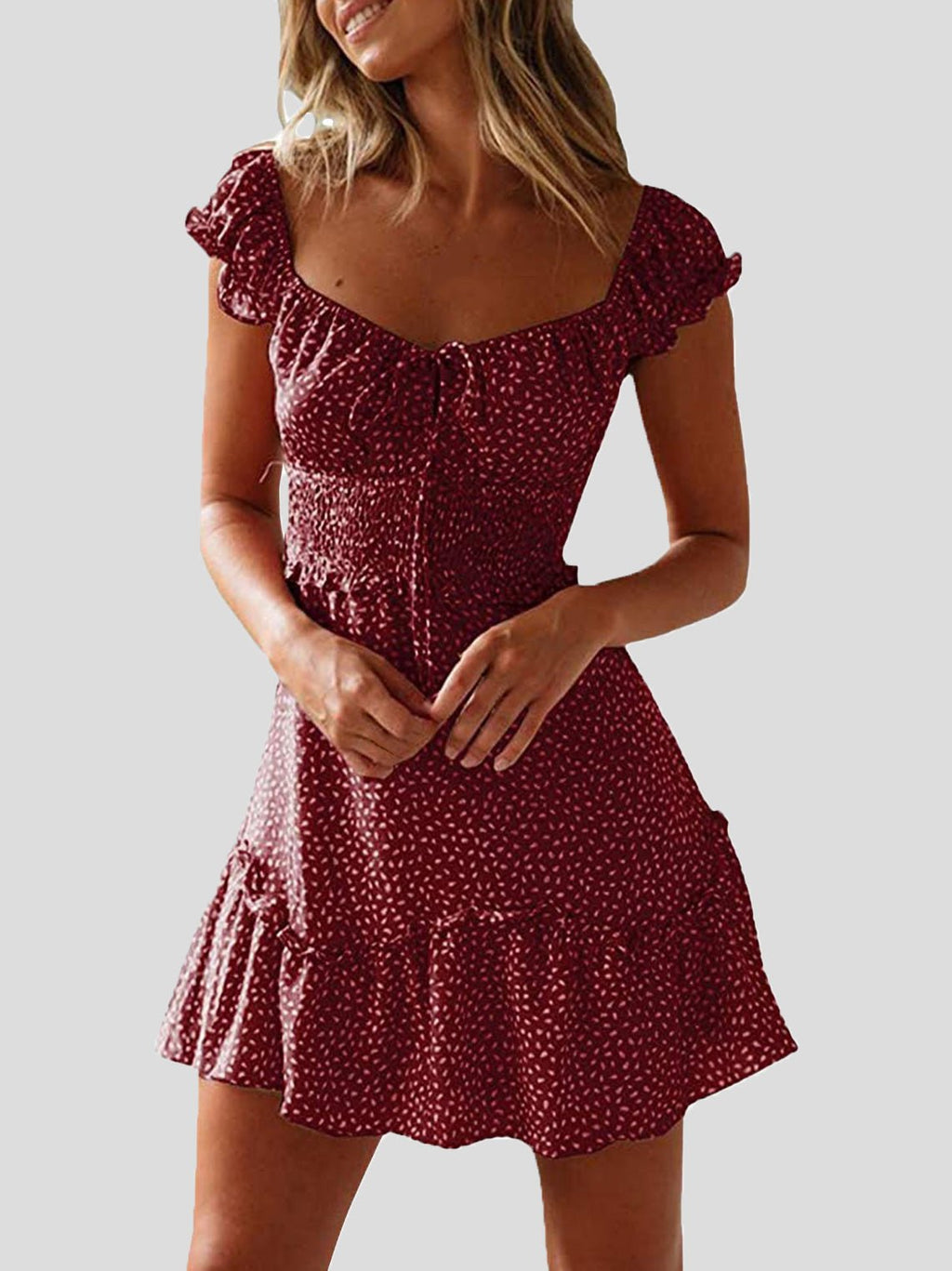 GR | Women's floral pattern U-neck knot ruffle dress