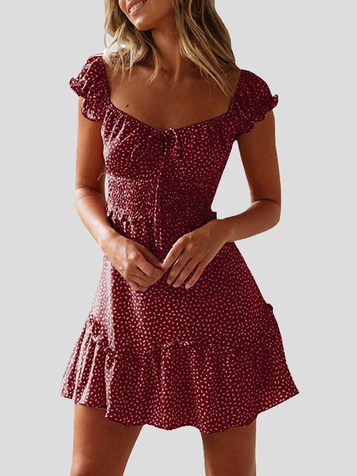 GR | Women's floral pattern U-neck knot ruffle dress