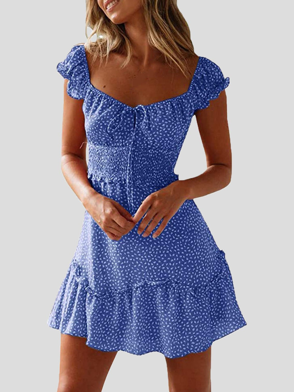 GR | Women's floral pattern U-neck knot ruffle dress