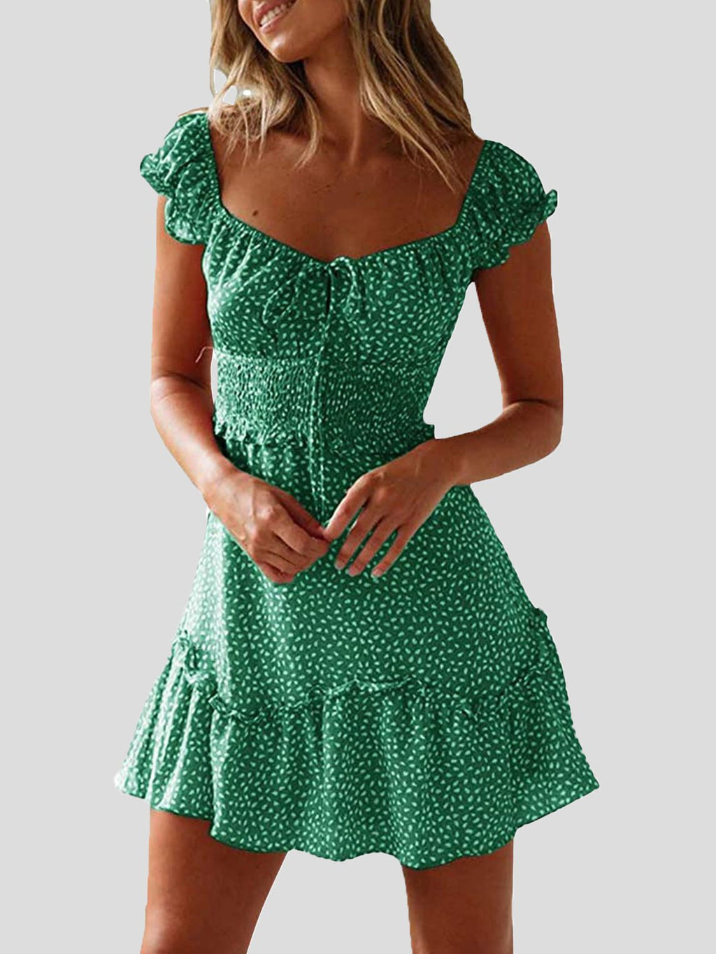 GR | Women's floral pattern U-neck knot ruffle dress