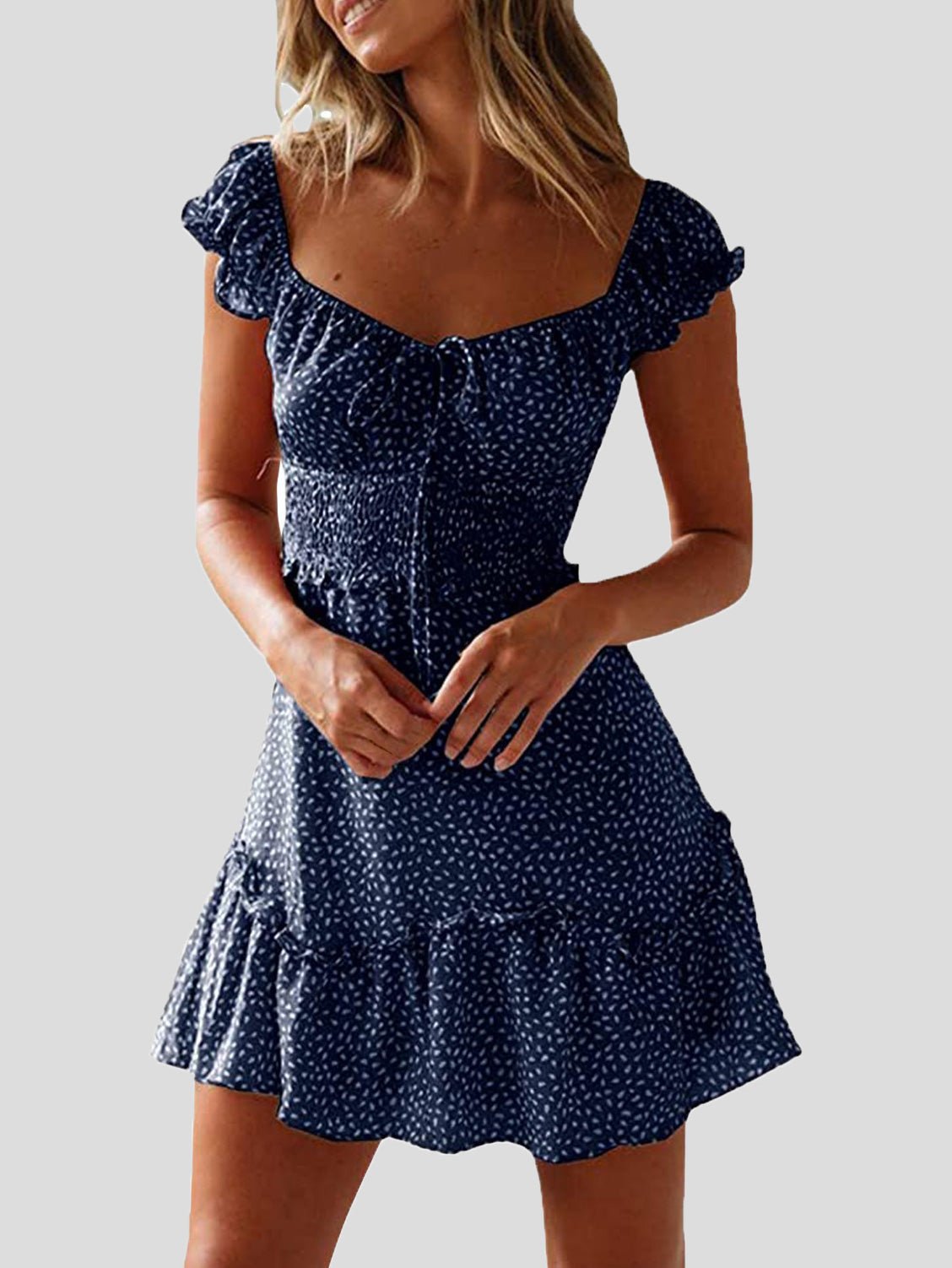 GR | Women's floral pattern U-neck knot ruffle dress