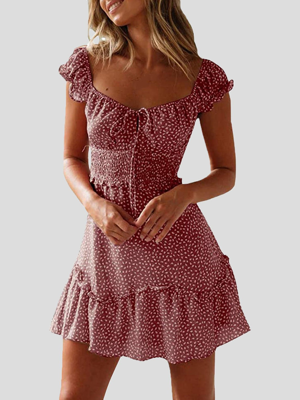 GR | Women's floral pattern U-neck knot ruffle dress