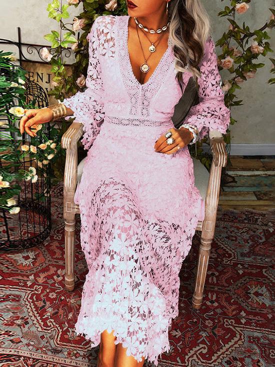 GR | Women's Hollow Lace V-Neck Long Sleeve Dress