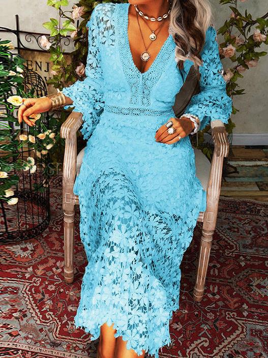 GR | Women's Hollow Lace V-Neck Long Sleeve Dress