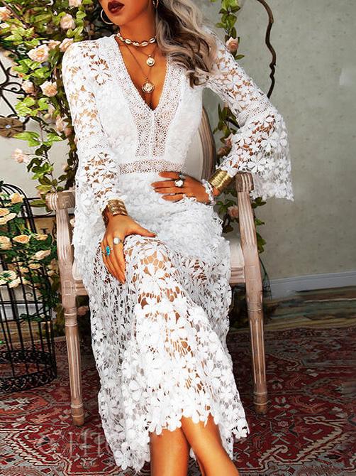 GR | Women's Hollow Lace V-Neck Long Sleeve Dress