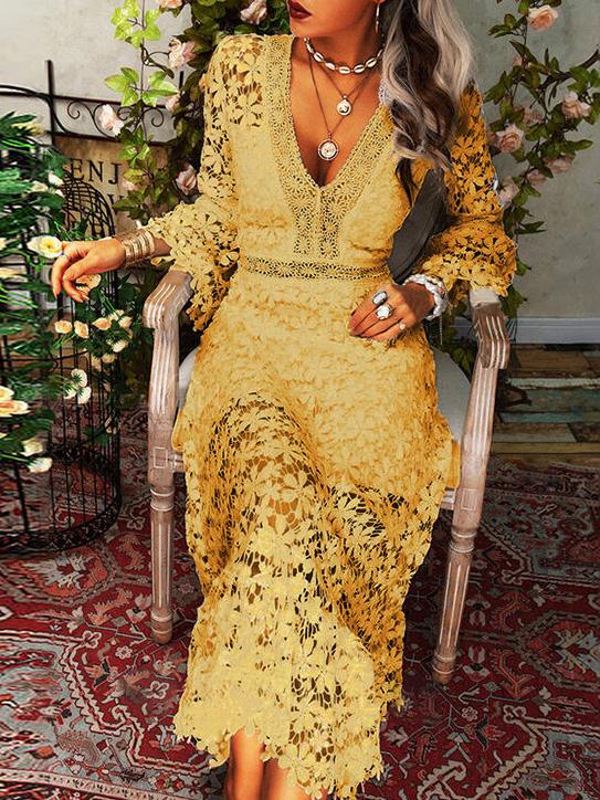 GR | Women's Hollow Lace V-Neck Long Sleeve Dress