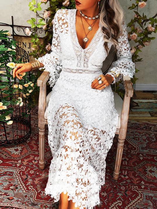 GR | Women's Hollow Lace V-Neck Long Sleeve Dress