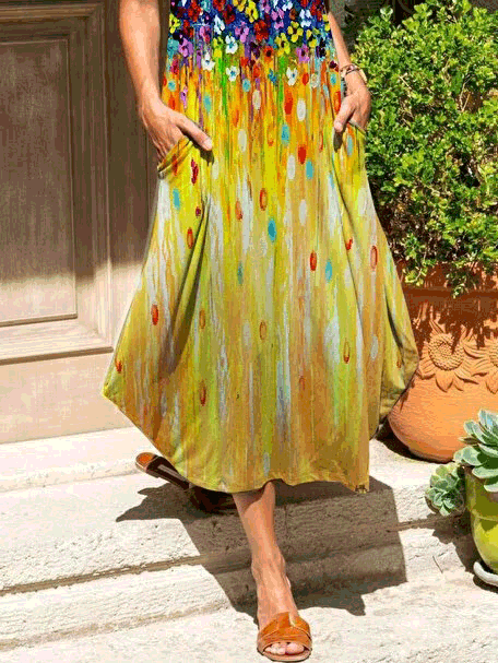 GR | Women's Loose Floral Pattern Short Sleeve Dress with Pockets