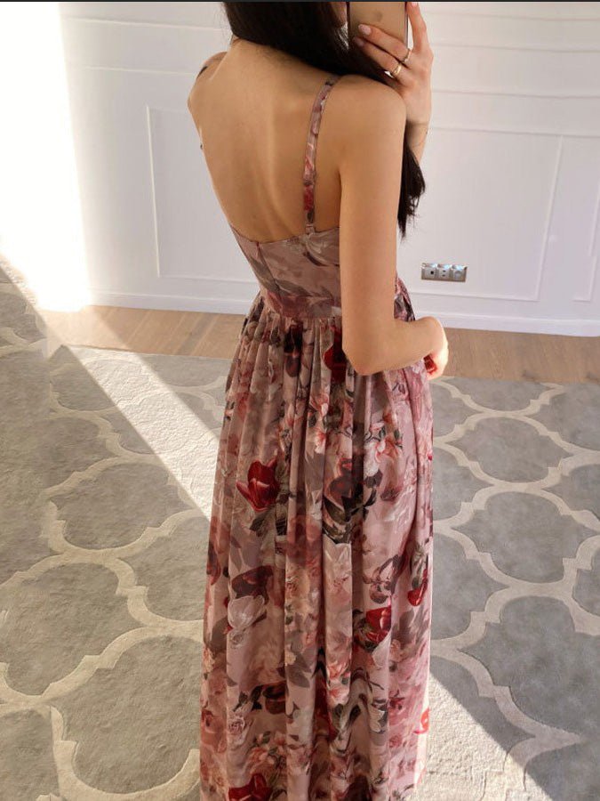 GR | Women's Printed Dress with Deep V-Neck Slit and Straps