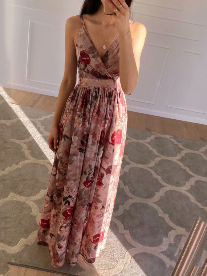 GR | Women's Printed Dress with Deep V-Neck Slit and Straps