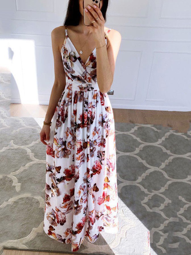 GR | Women's Printed Dress with Deep V-Neck Slit and Straps