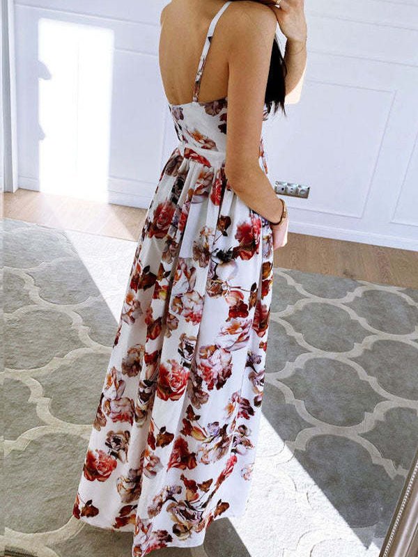 GR | Women's Printed Dress with Deep V-Neck Slit and Straps