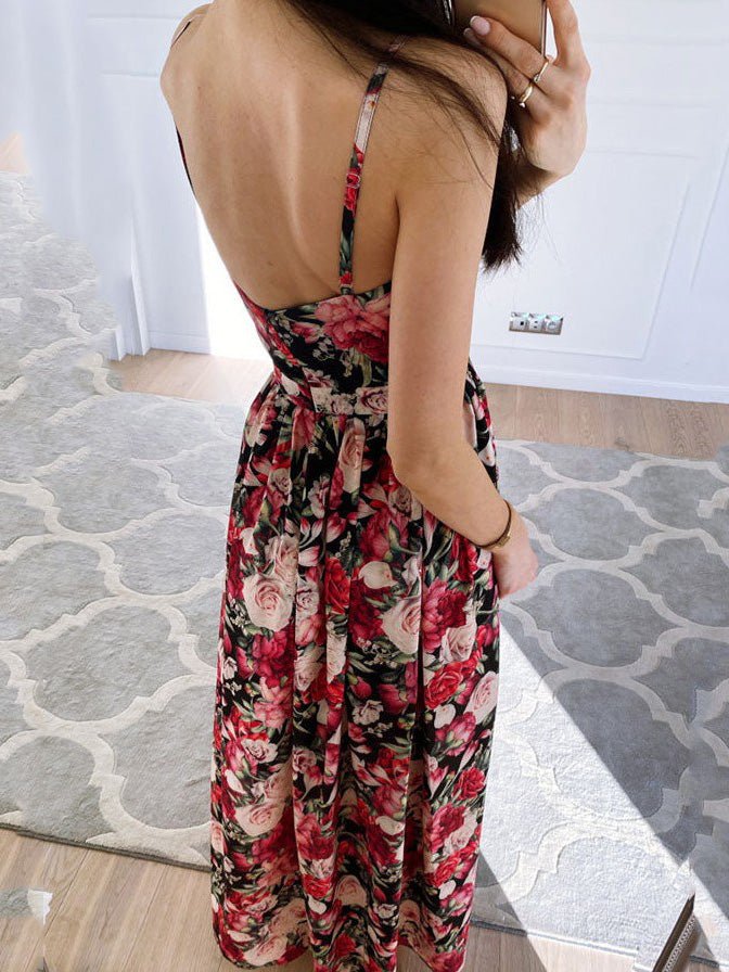 GR | Women's Printed Dress with Deep V-Neck Slit and Straps