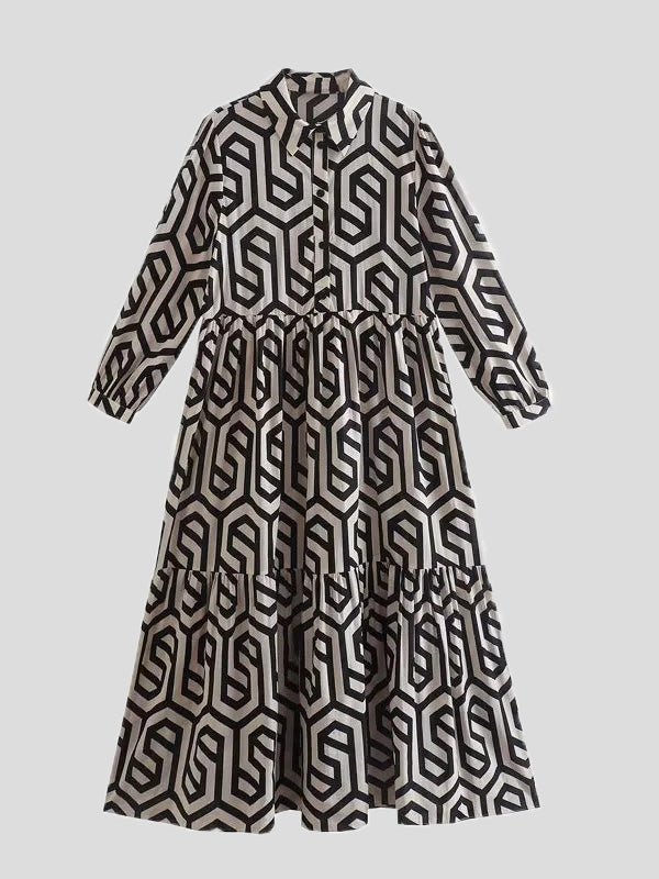 GR | Women's Dresses Printed Lapel Long Sleeve Shirt Dress