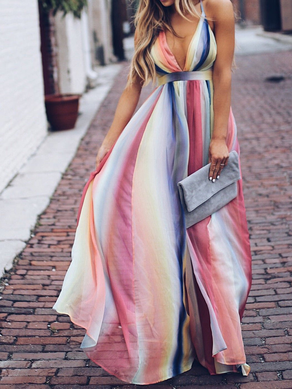GR | Women's Rainbow Print Strapless Backless Dress