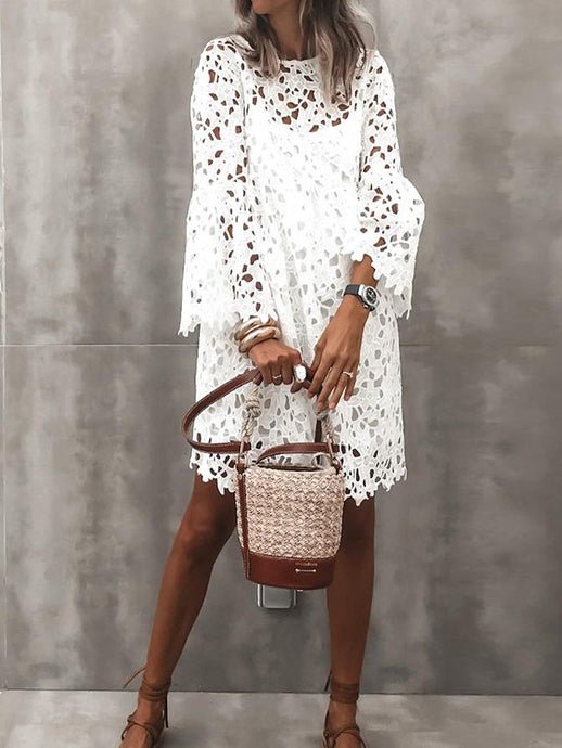 GR | Women's Dress Round Neck Lace Bell Sleeves Ruffles Dress