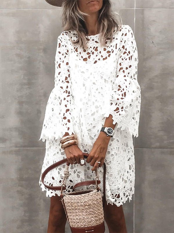 GR | Women's Dress Round Neck Lace Bell Sleeves Ruffles Dress