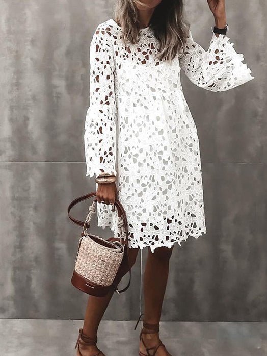 GR | Women's Dress Round Neck Lace Bell Sleeves Ruffles Dress