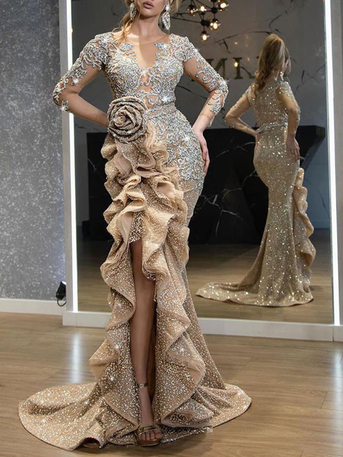 GR | Damenkleider Glänzend Unregelmäßiger Volant Abendkleid